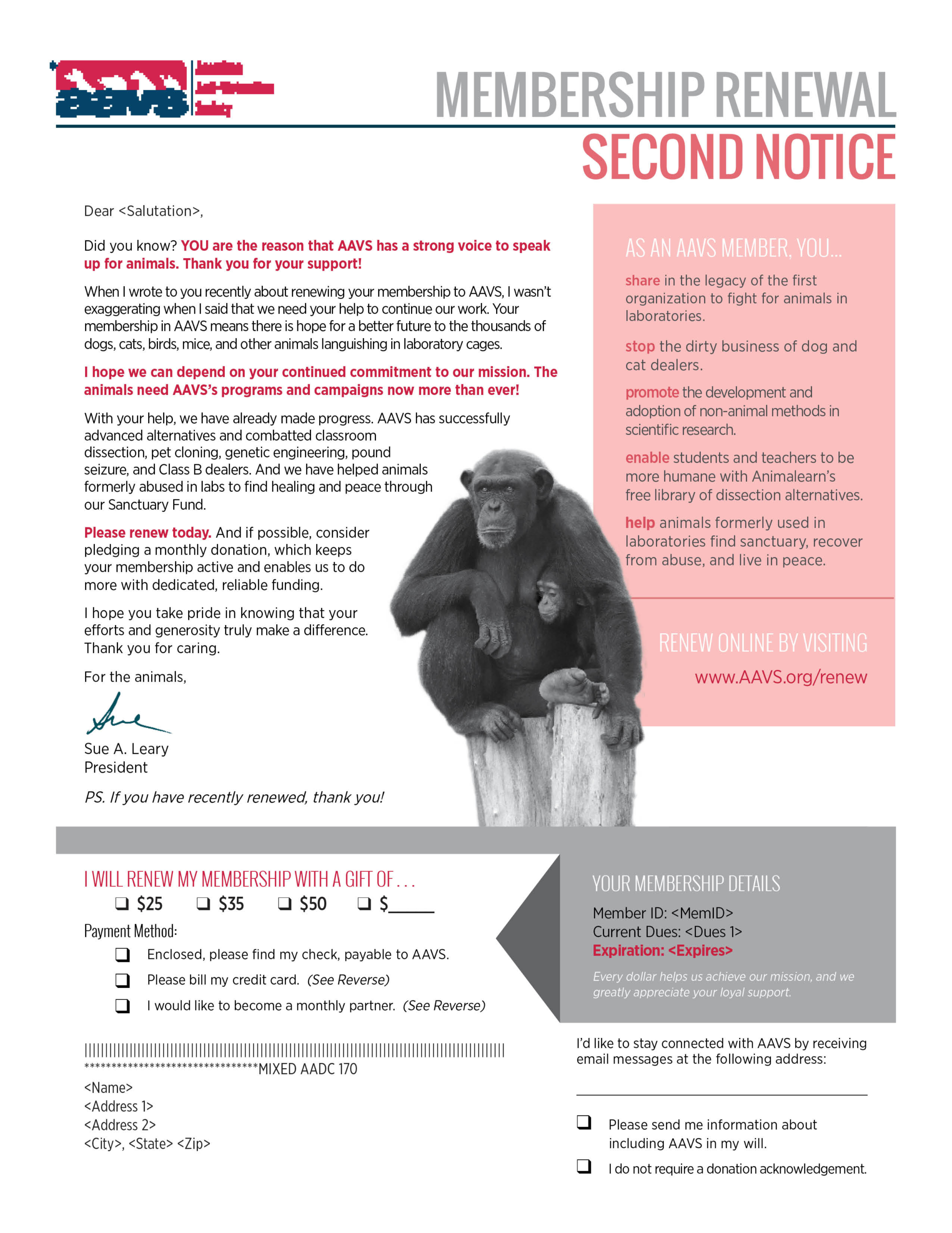 AAVS - Membership Renewal Mailing - Second Notice - Letter Front